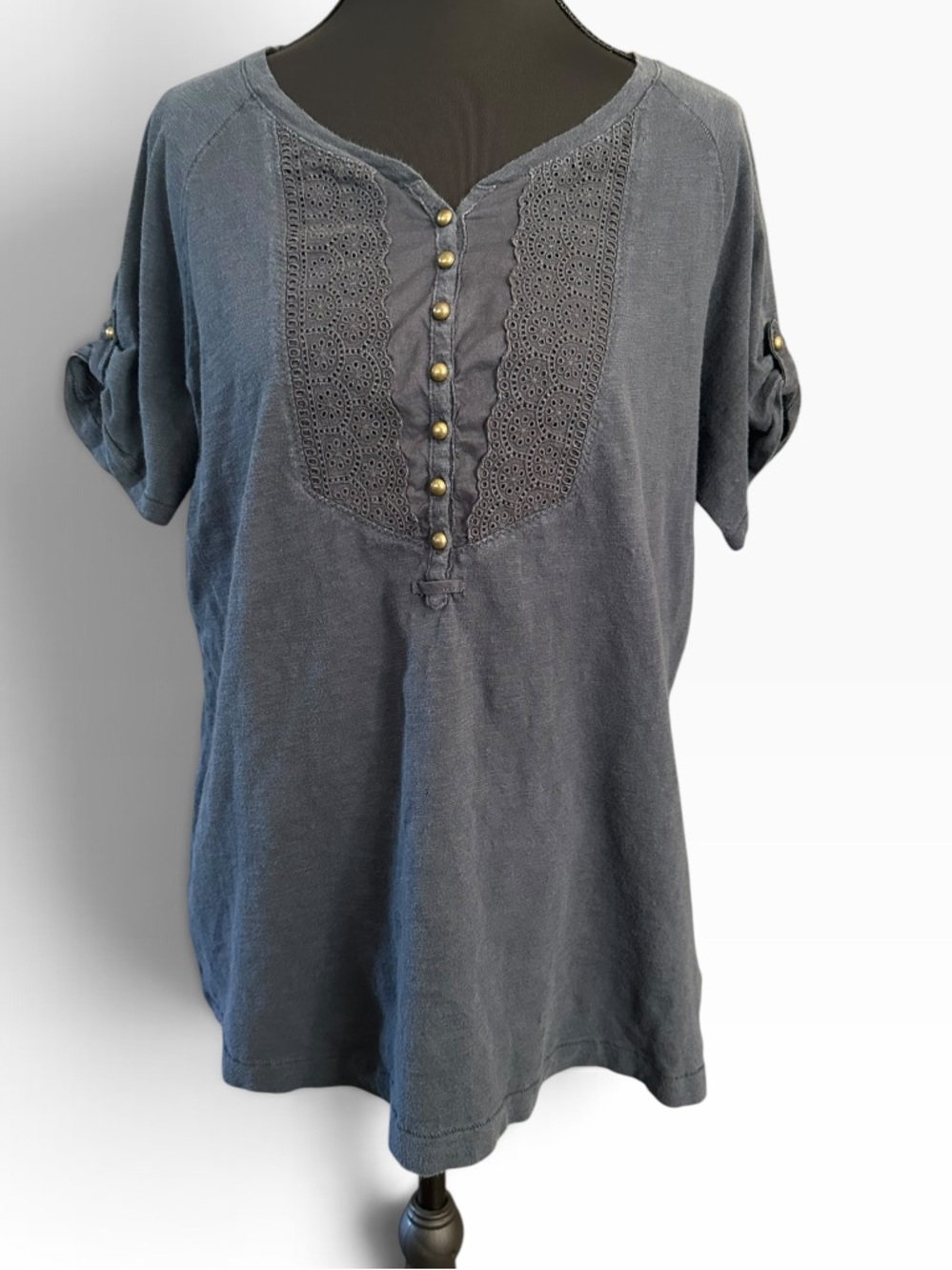 Eddie Bauer Slate Blue Button-Paneled Short Sleeve Tee
